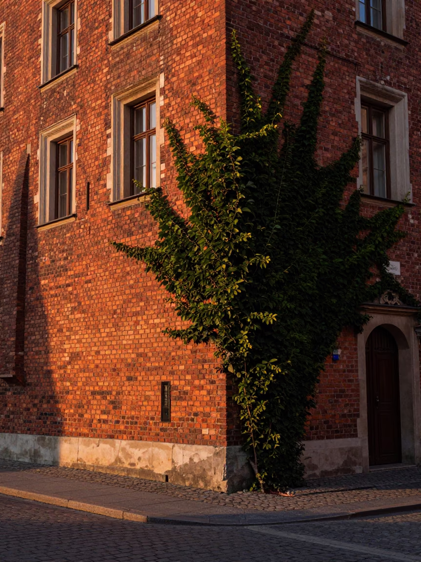 Brick Wall in Krakow at Copper-toned Light Before Dusk in in Krakow, Poland