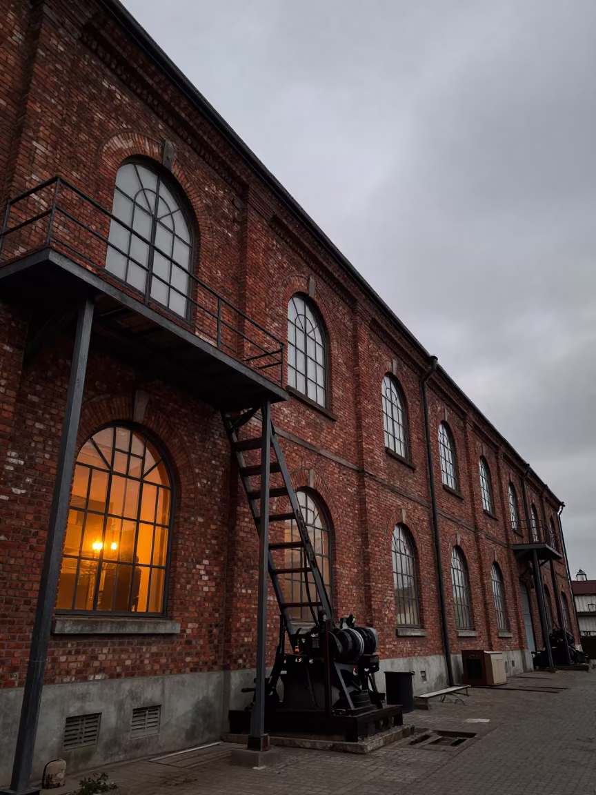 Brick Warehouse Arched Windows Before Dawn in on a scaffold platform near Fener, Istanbul