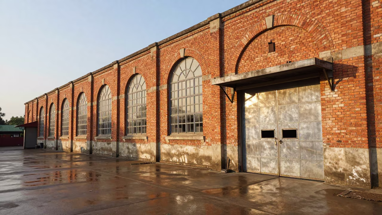 Brick Warehouse Arched Windows Evening Light in at a loading dock near Amravati