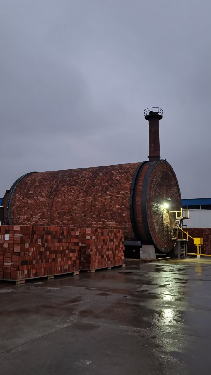 Brickyard Kiln and Stacks Under Predawn Lights in at a rail yard near Xiamen