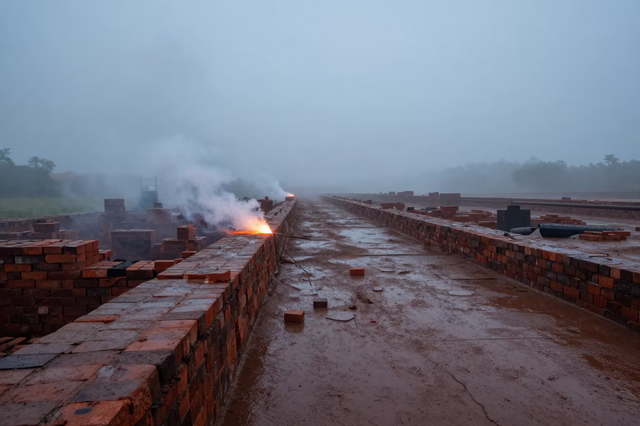 Brickyard Kiln Mouth Breathing Heat Into Predawn Fog in on a quarry ledge near Mbale