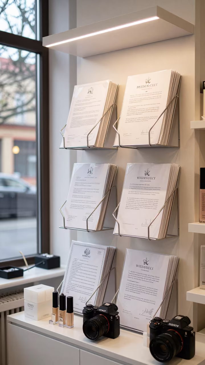 Bridal Contract Folder Rack in Beauty Shop in in a beauty supply area under white LEDs in Elbląg