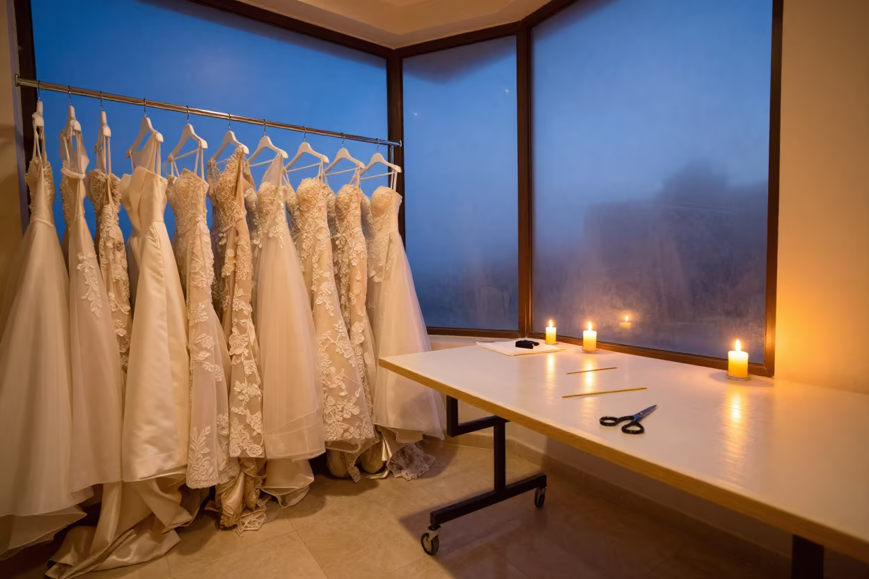 Bridal Gowns by Fogged Window at Twilight in at a tailoring table strewn with chalk and shears near Riffa