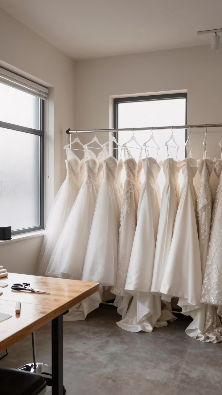 Bridal Gowns on Rack Beside Fogged Window in Guangzhou in at a tailoring table strewn with chalk and shears in Xiguan, Guangzhou