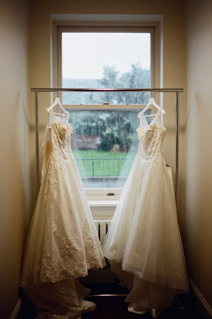 Bridal Gowns on Rack Near Fogged Window in in a backstage changing corridor near Inverness