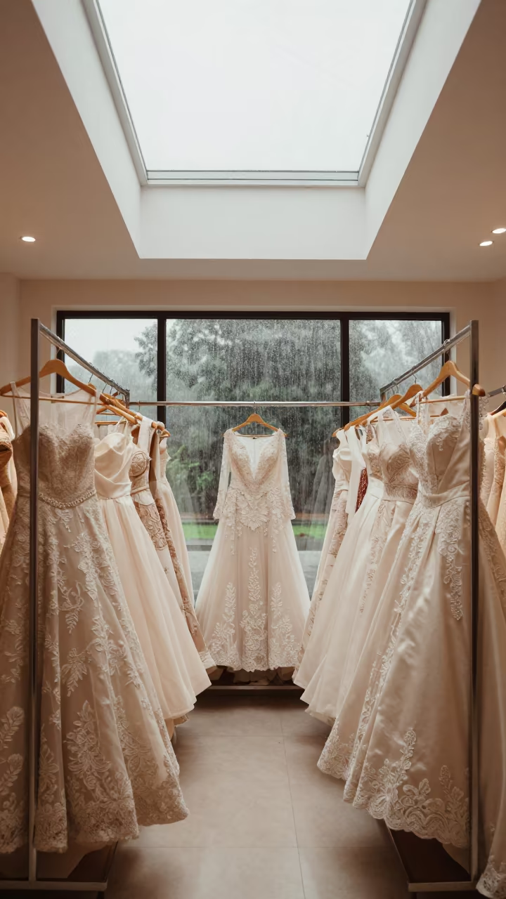 Bridal Gowns on Rack Beside Fogged Window in inside a couture atelier in Khushab