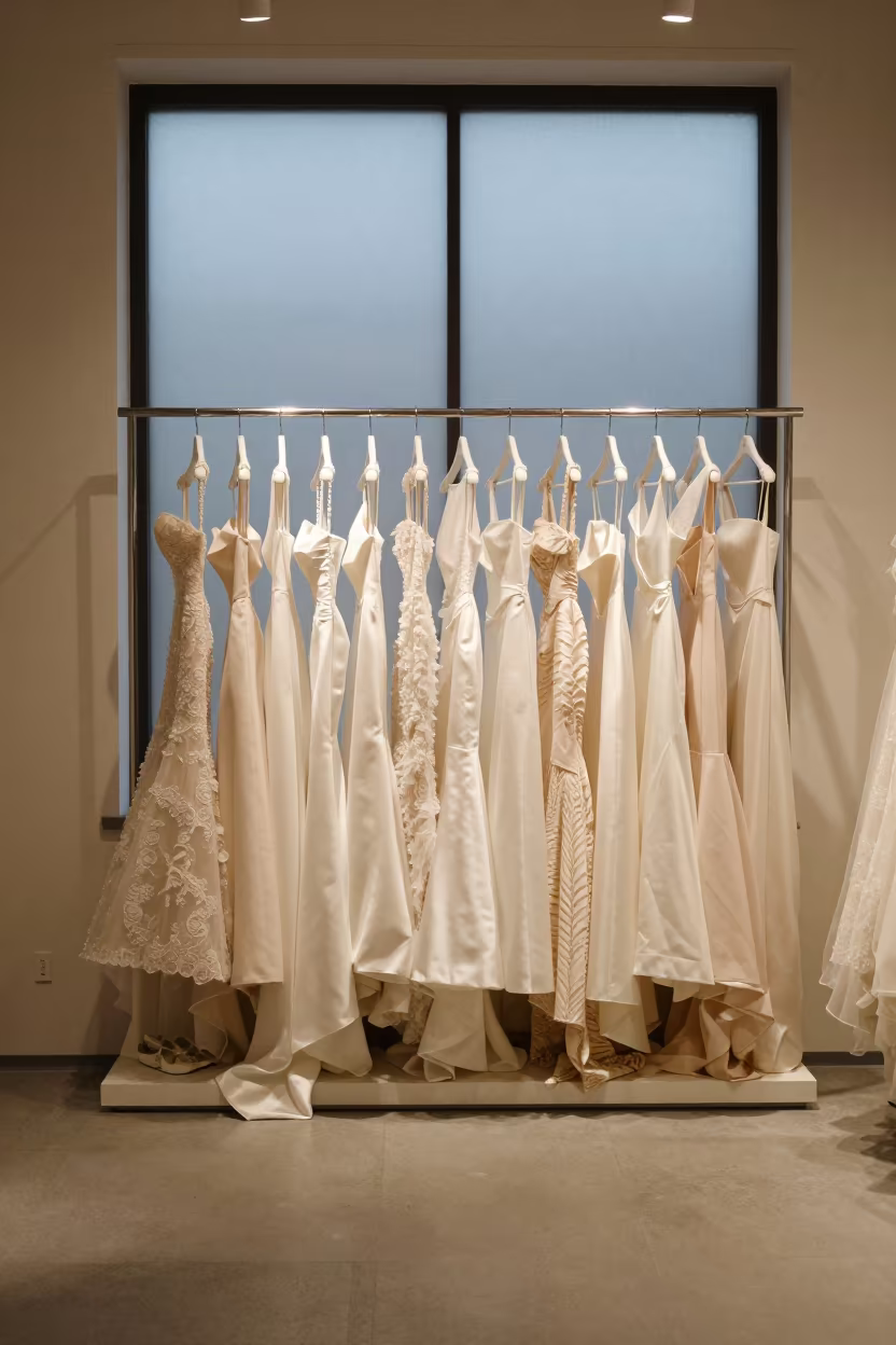 Bridal Gowns on Rack by Fogged Window at Midnight in inside a minimalist showroom in Van