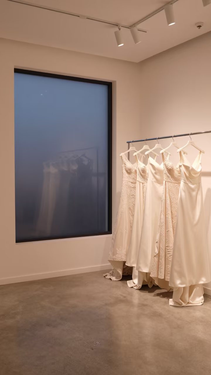 Bridal Gowns on Rack by Fogged Window in inside a minimalist showroom near Rabat