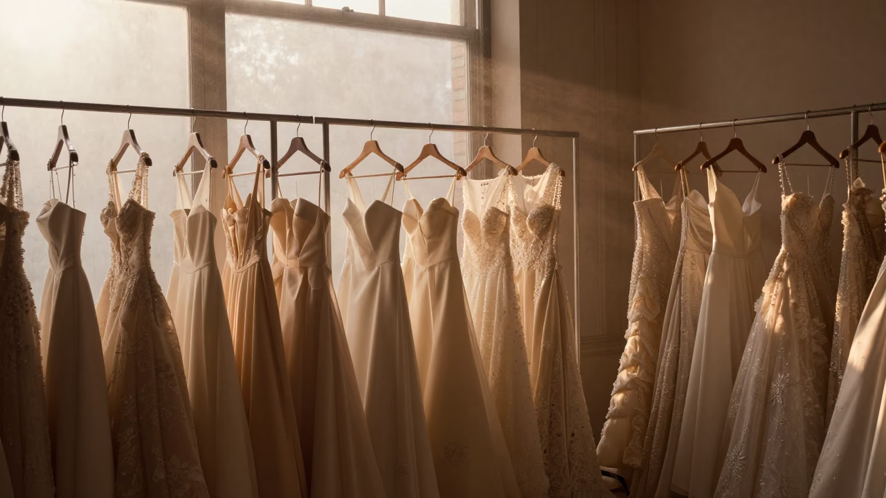 Bridal gowns on rack beside fogged window in inside a couture atelier in Raleigh