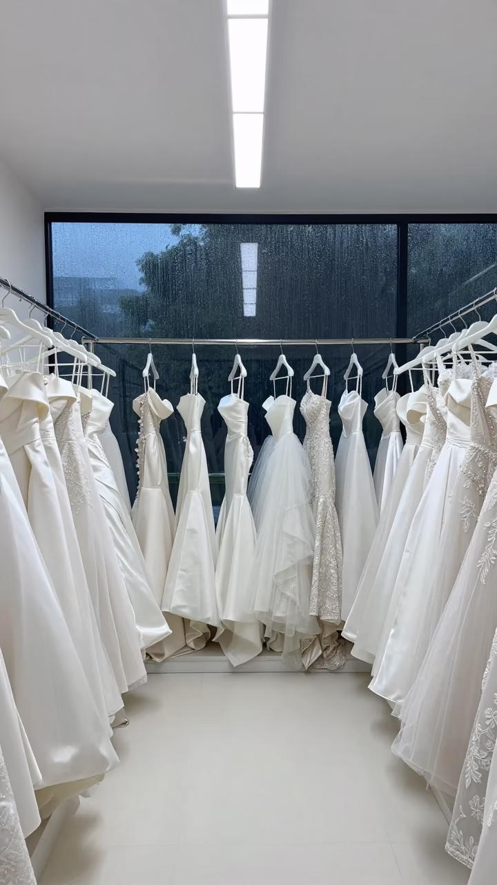 Bridal Gowns on Rack by Fogged Window in inside a minimalist showroom near Damanhur