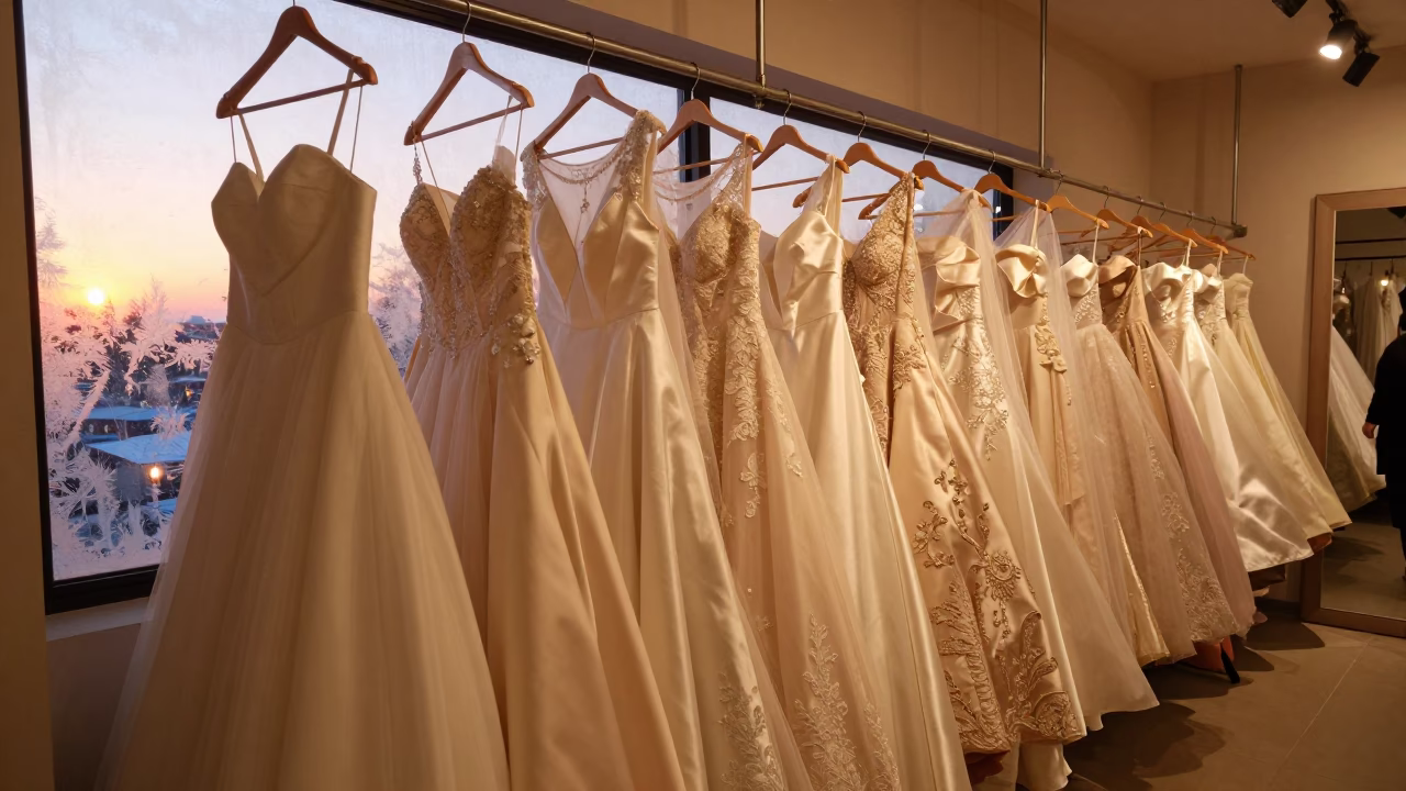 Bridal Gowns on Rack by Fogged Winter Window in inside a couture atelier near Saharanpur