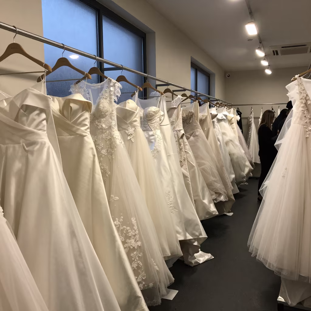 Bridal Gowns in Winter Twilight Corridor in in a backstage changing corridor near Bareilly