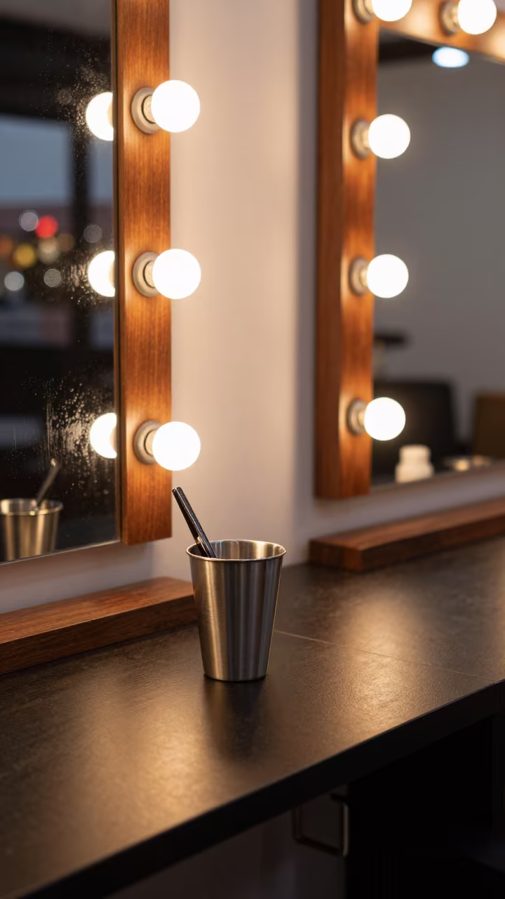 Bridal Lash Scissors in Douala Beauty Station in at a barber station beneath mirror bulbs in Douala