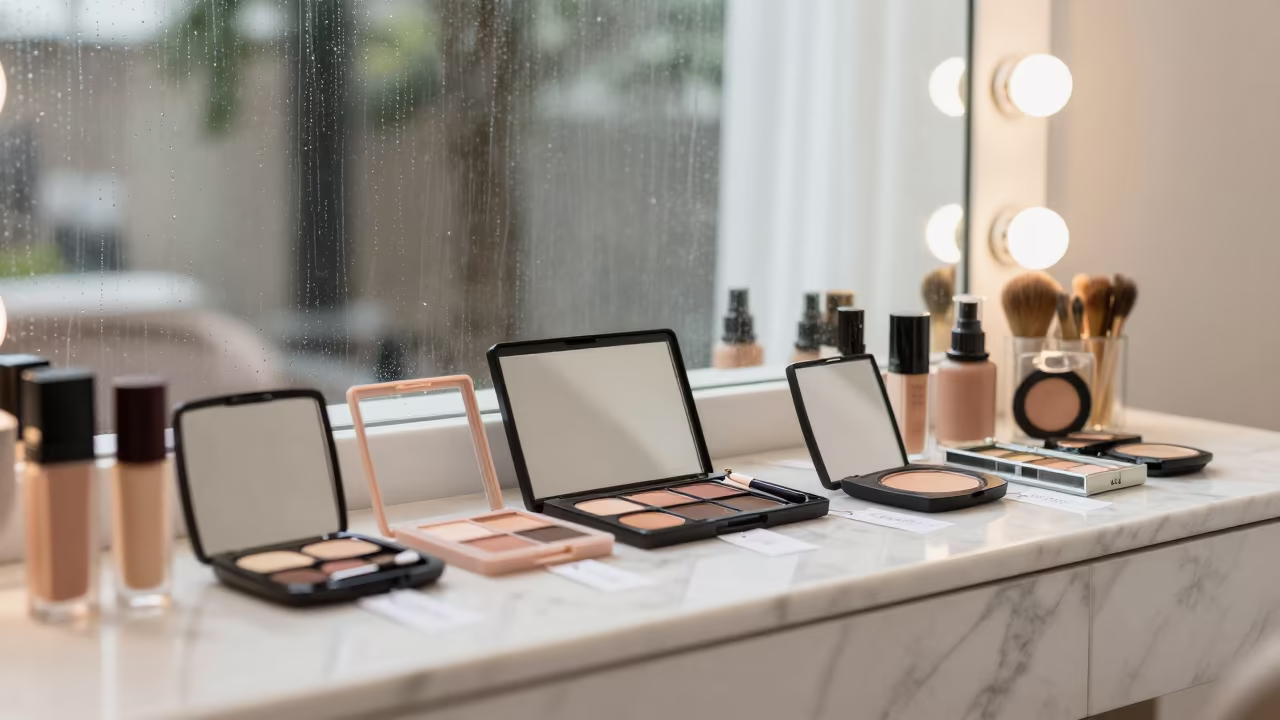 Bridal Makeup Kits on Marble Vanity in Puerto Cabello Salon in inside a salon row in Puerto Cabello