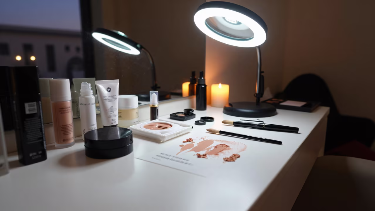 Bridal makeup table with magnifying lamp in at a salon reception counter near Aleppo