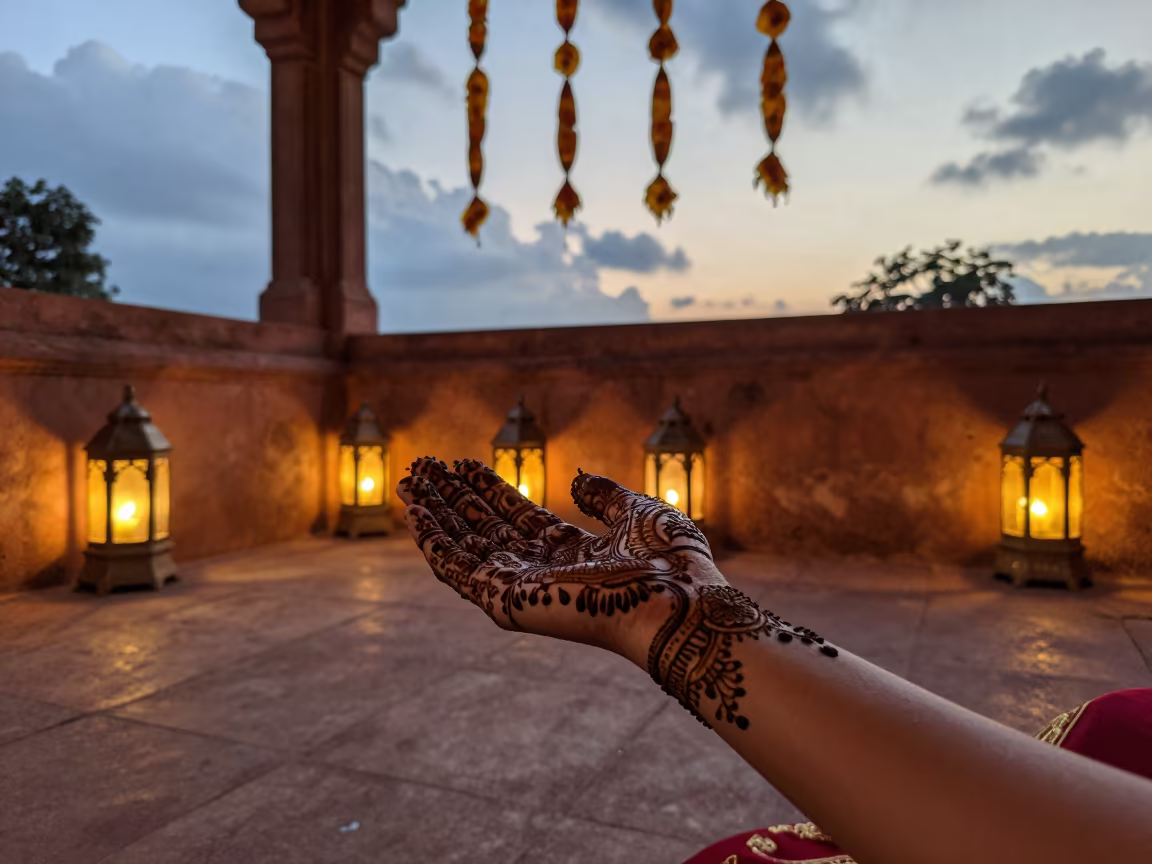 Bridal Mehndi Design in Delhi Shrine Lanterns in in a shrine lined with lanterns near Delhi