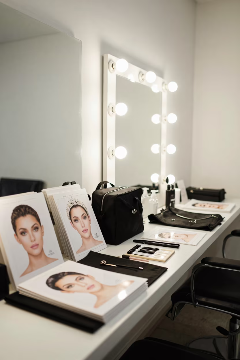Bridal Prep Tools on Barber Station Mirror in at a barber station beneath mirror bulbs in Gómez Palacio