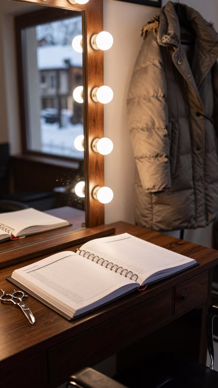 Bridal Schedule Binder on Winter Barber Station in at a barber station beneath mirror bulbs in Veliko Tarnovo