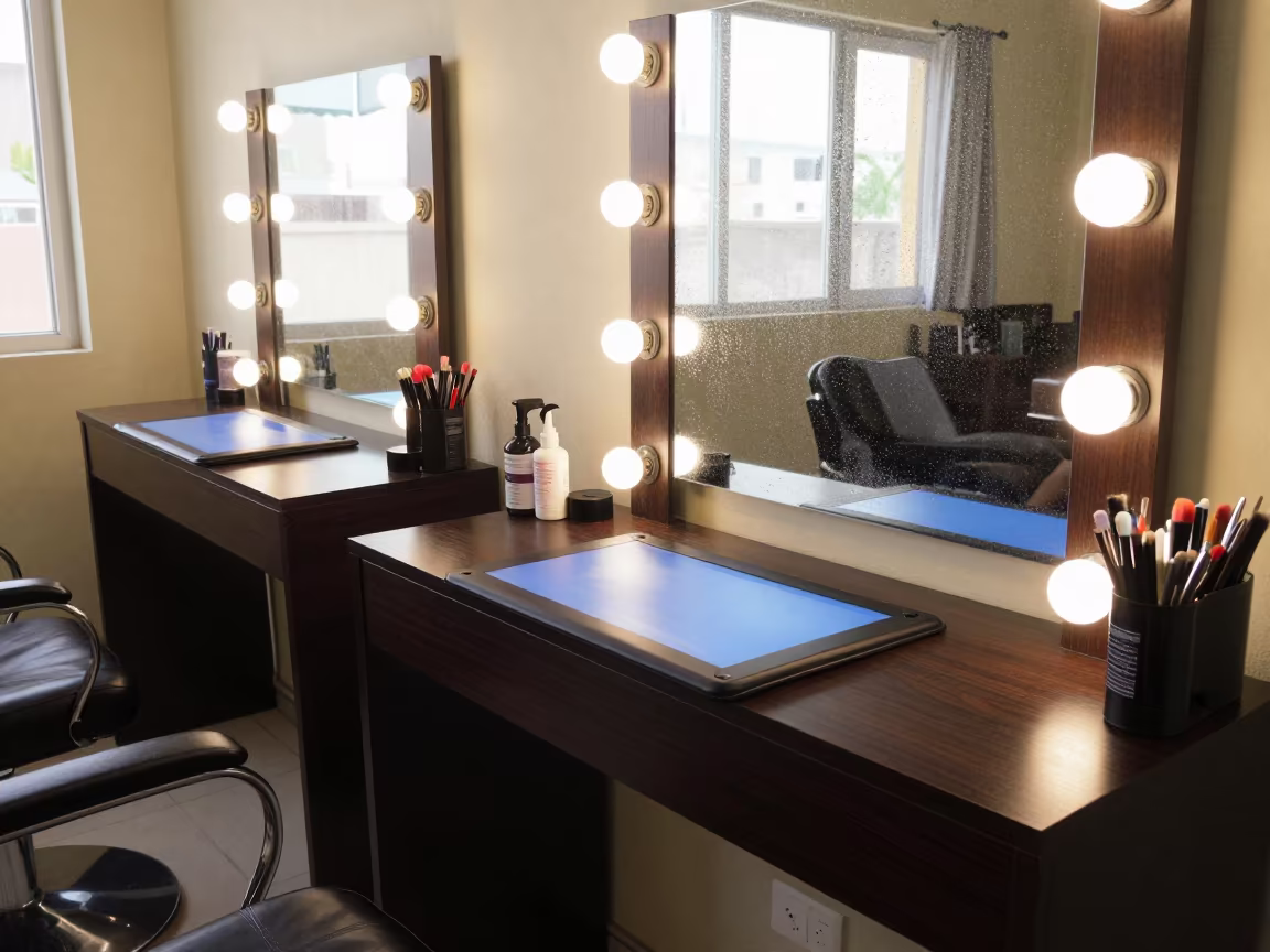 Bridal Tablet Dock Bamako Beauty Station in at a barber station beneath mirror bulbs near Bamako