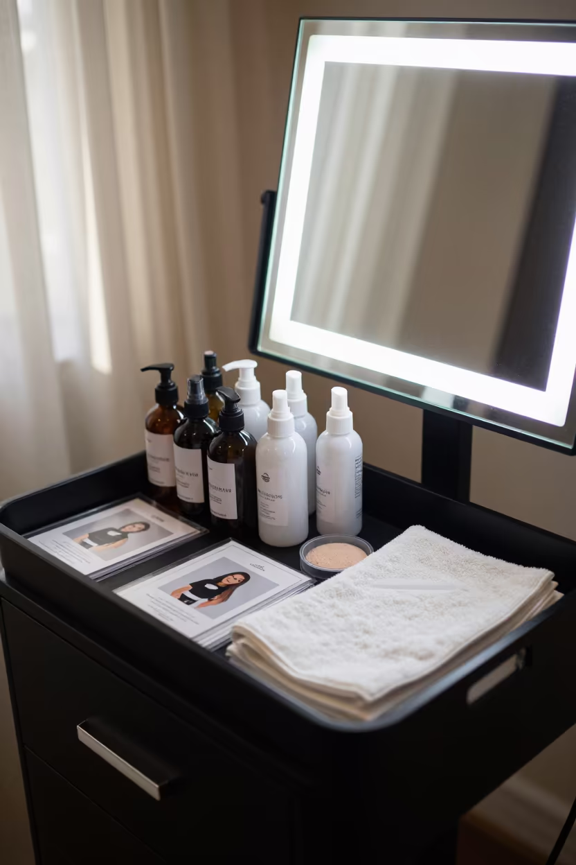 Bridal Touch Up Kit on Barber Station in Riyadh in at a barber station beneath mirror bulbs near Riyadh