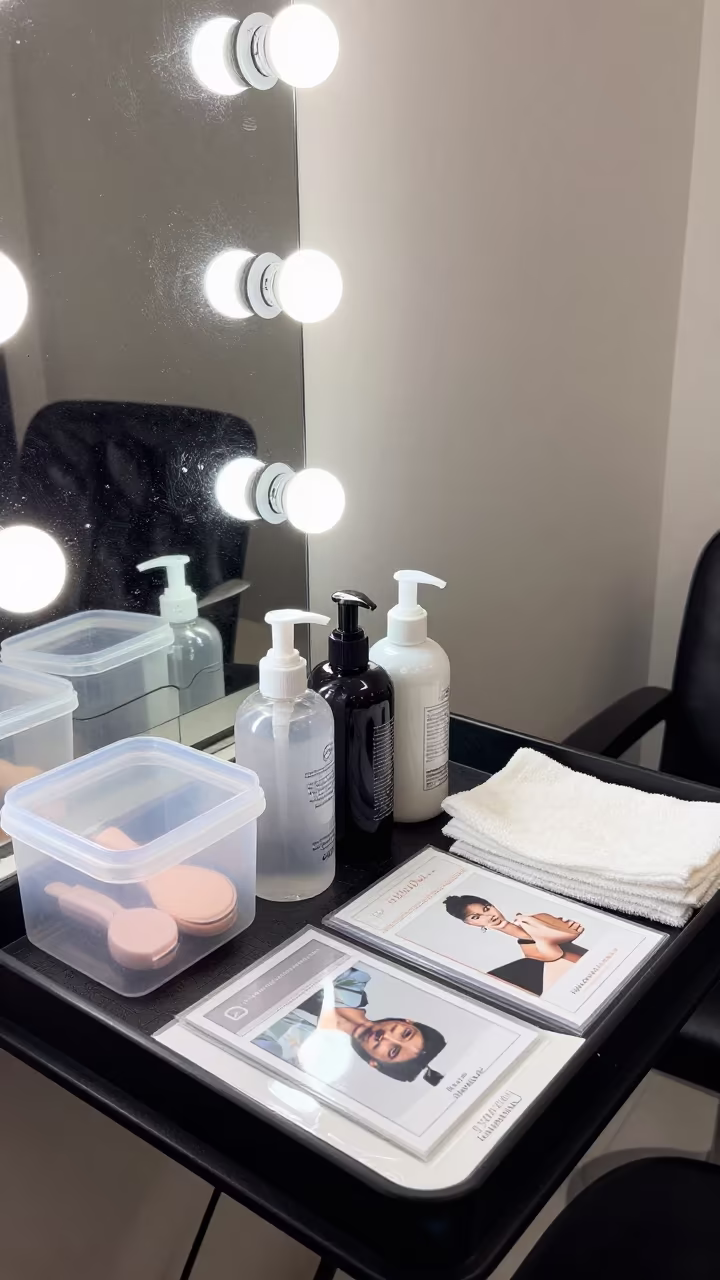 Bridal Touch Up Kit at Douala Barber Station in at a barber station beneath mirror bulbs near Douala