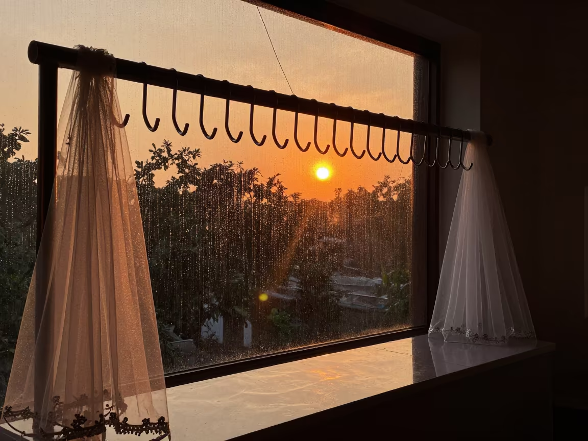 Amber Sunset Light on Bridal Veil Steamer Hook Rail in inside a nail studio near Akola