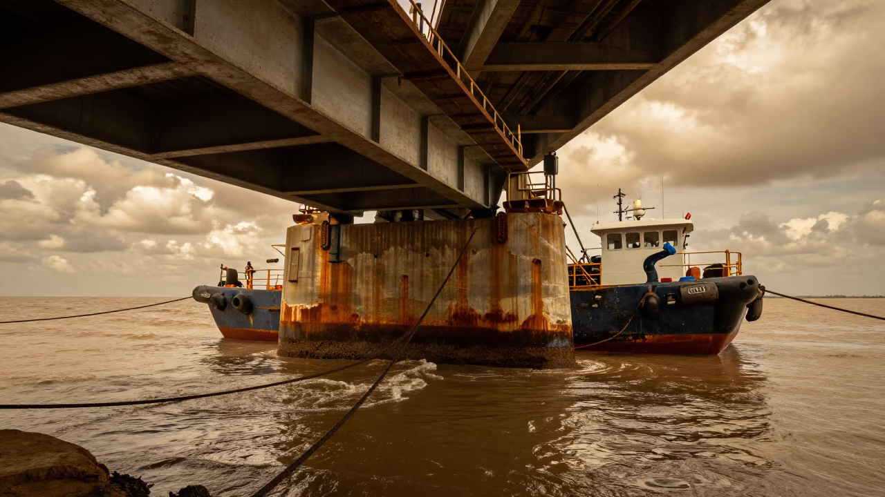 Bridge Barge Moored Beneath Span in Oily Water in beside a bridge pier above moving water in Niger