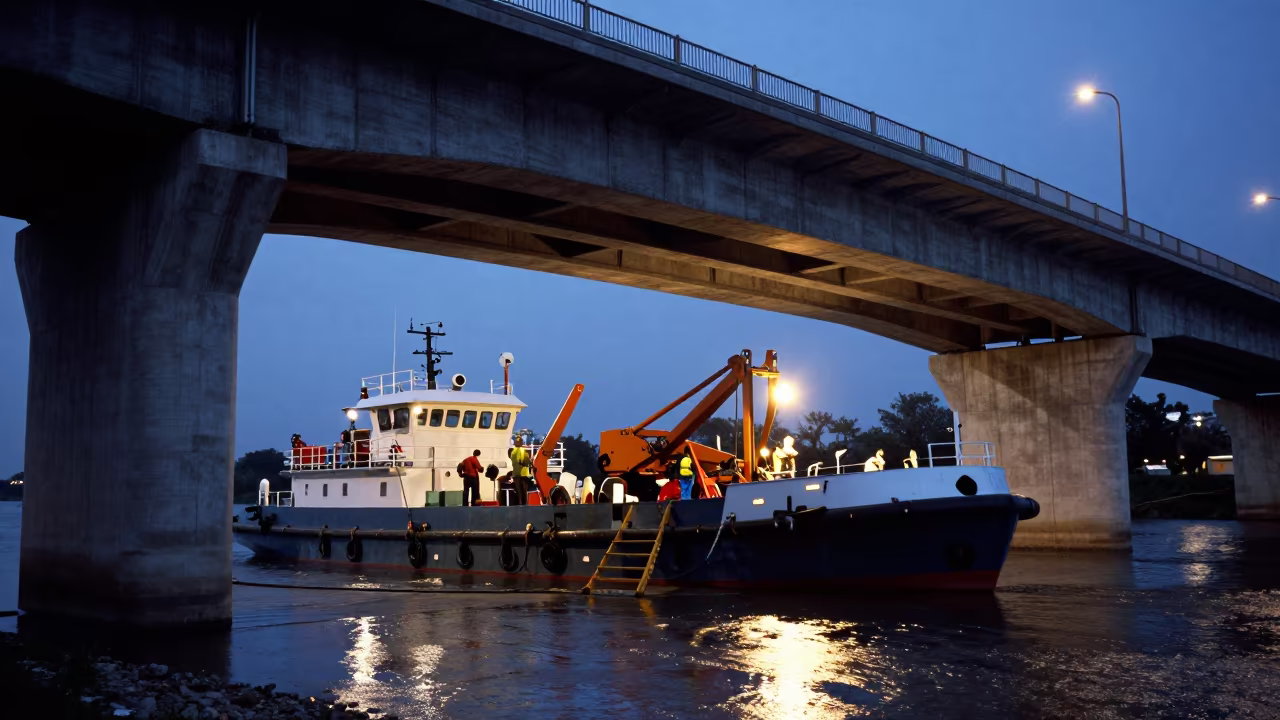 Bridge Barge Moored Under Span at Twilight in beside a bridge pier above moving water near Setif