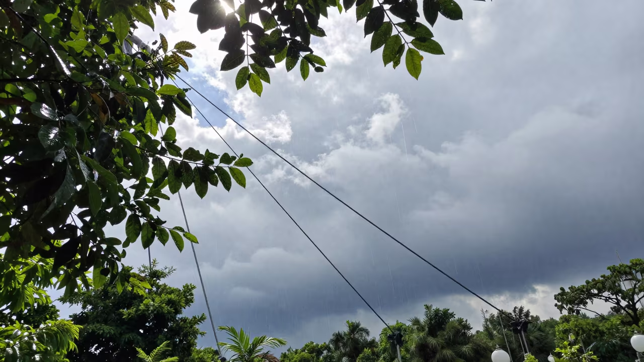 Bridge Cables Against Cloudy Monsoon Sky in in a lantern-lined temple precinct in Huacho