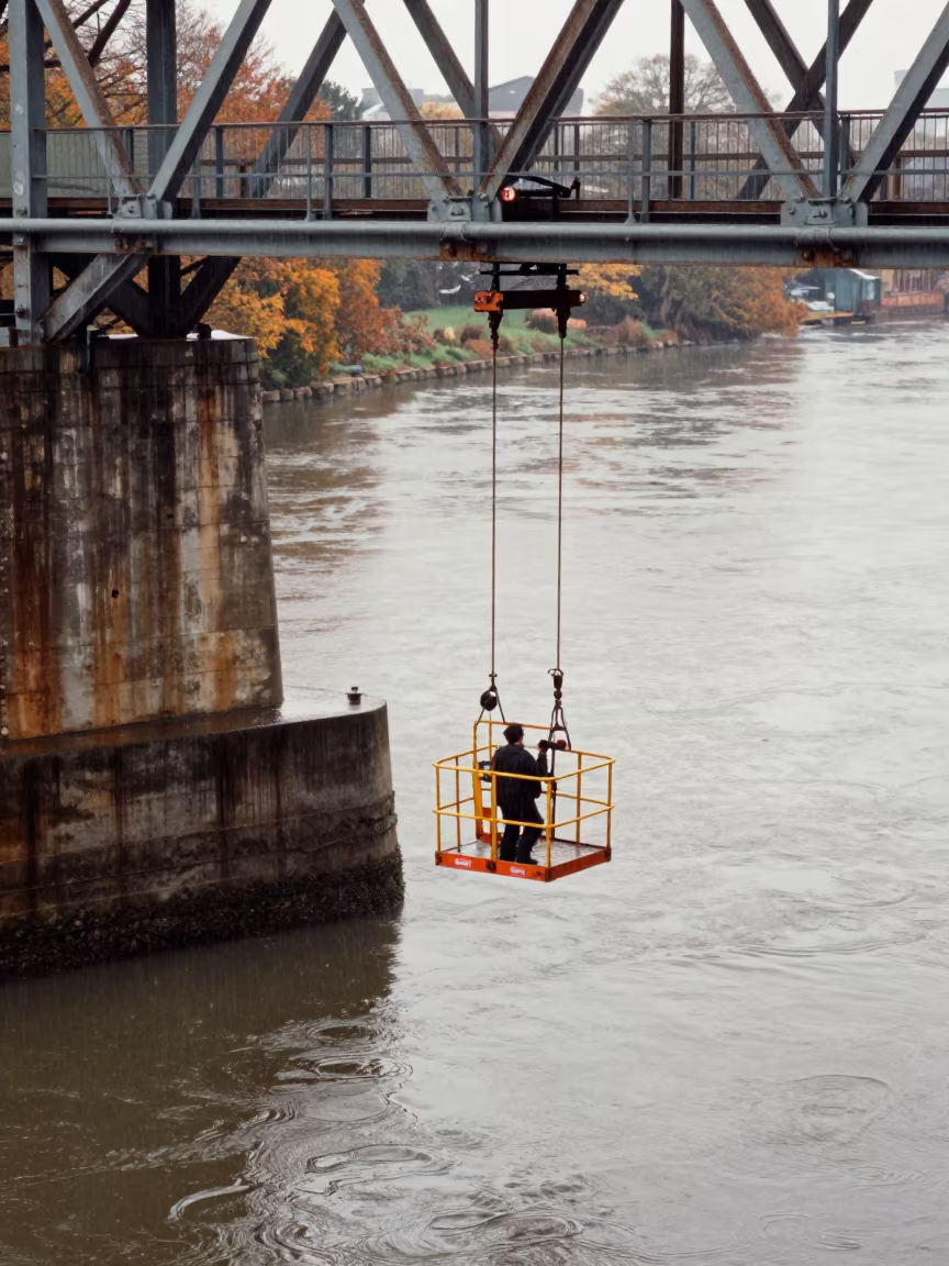 Bridge Cage Swinging in Rain in beside a bridge pier above moving water in United Kingdom