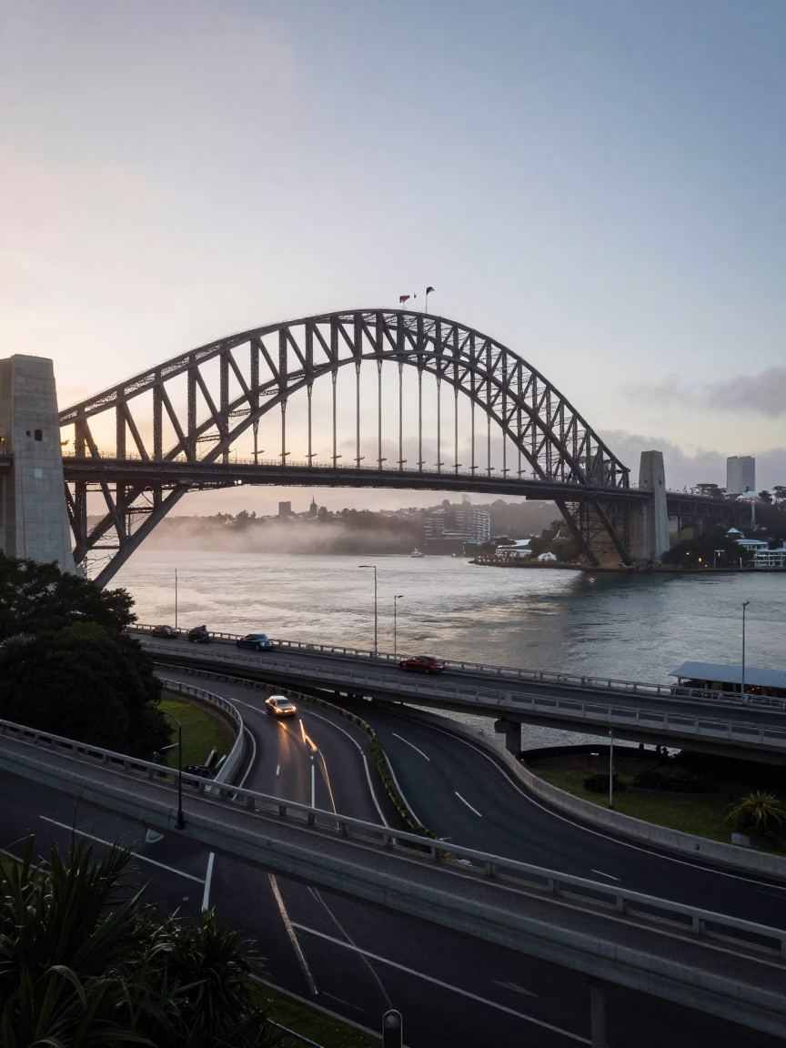Bridge Commute in Auckland at The Early Morning Light in in Auckland, New Zealand