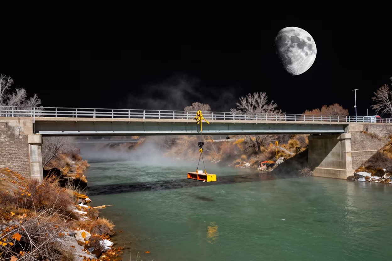 Bridge Cradle Moon New Mexico River in beneath a bridge span in New Mexico