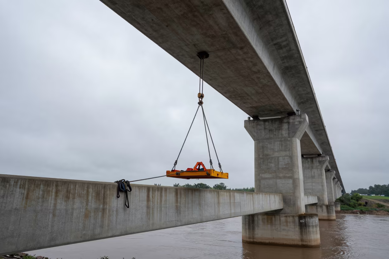 Bridge Cradle Swings in Late Afternoon Wind in under a viaduct of steel and concrete in Lakota