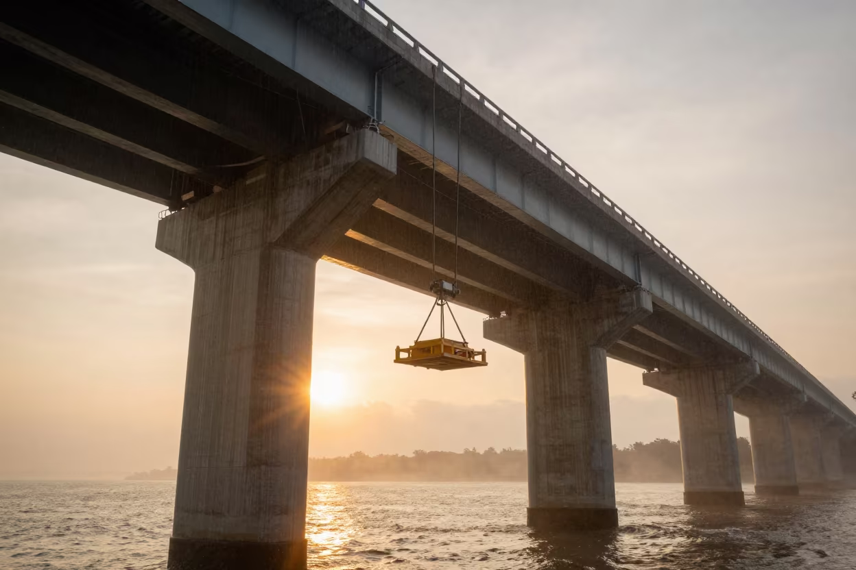 Bridge Cradle Under Golden Indonesian Sunset in under a viaduct of steel and concrete in Indonesia