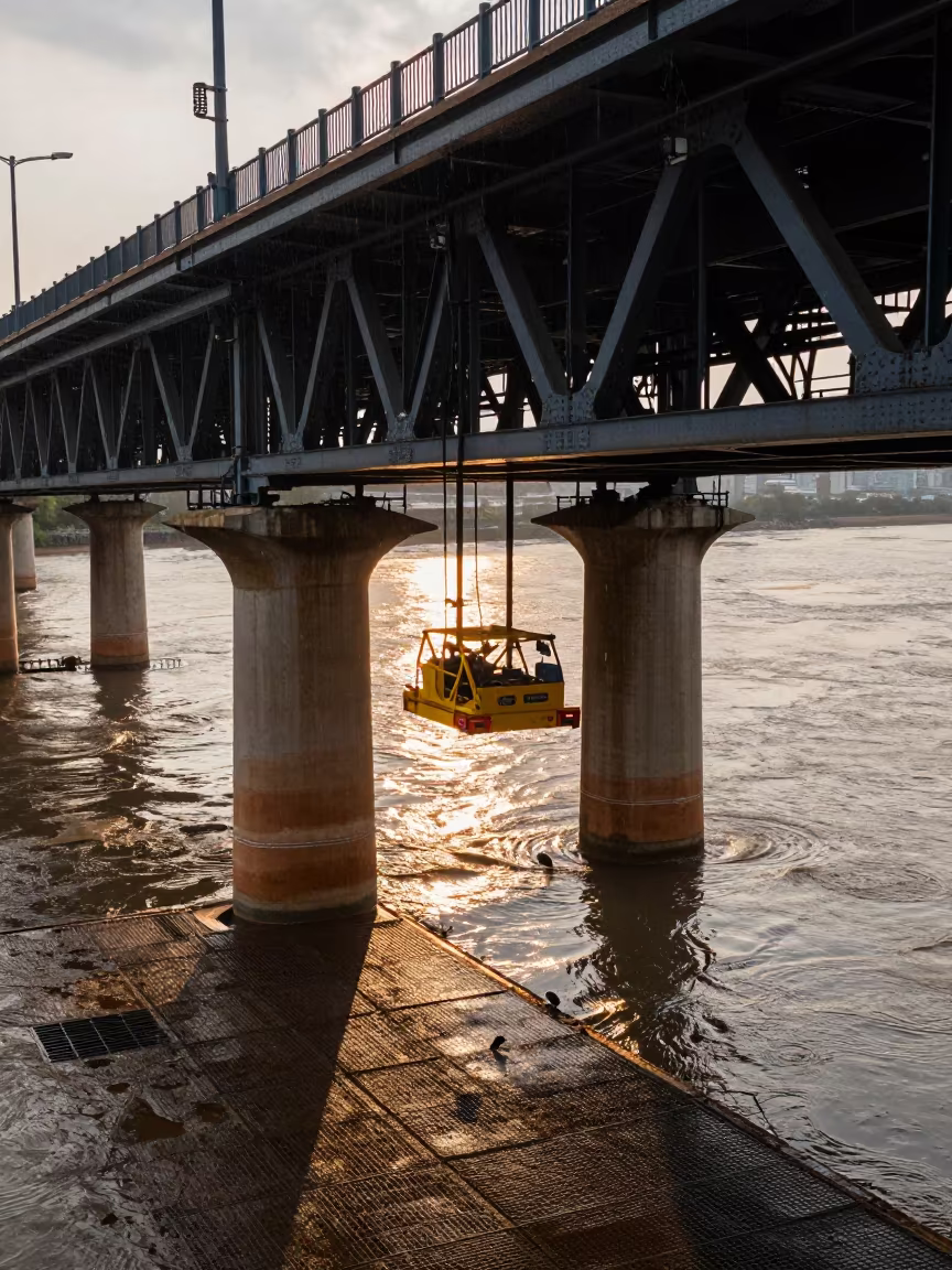 Bridge Cradle Under Steel Span After Rain in beside a bridge pier above moving water in Kunming