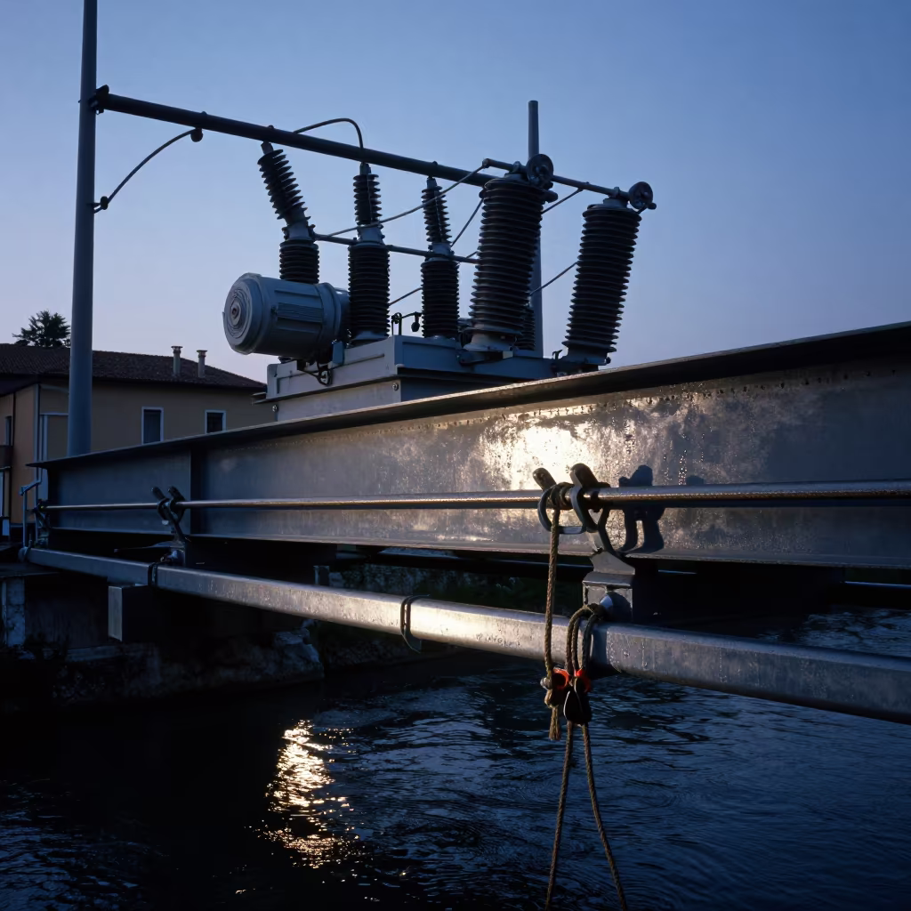 Bridge Cradle Under Steel Span After Rain in along a bridge maintenance walkway in Veneto