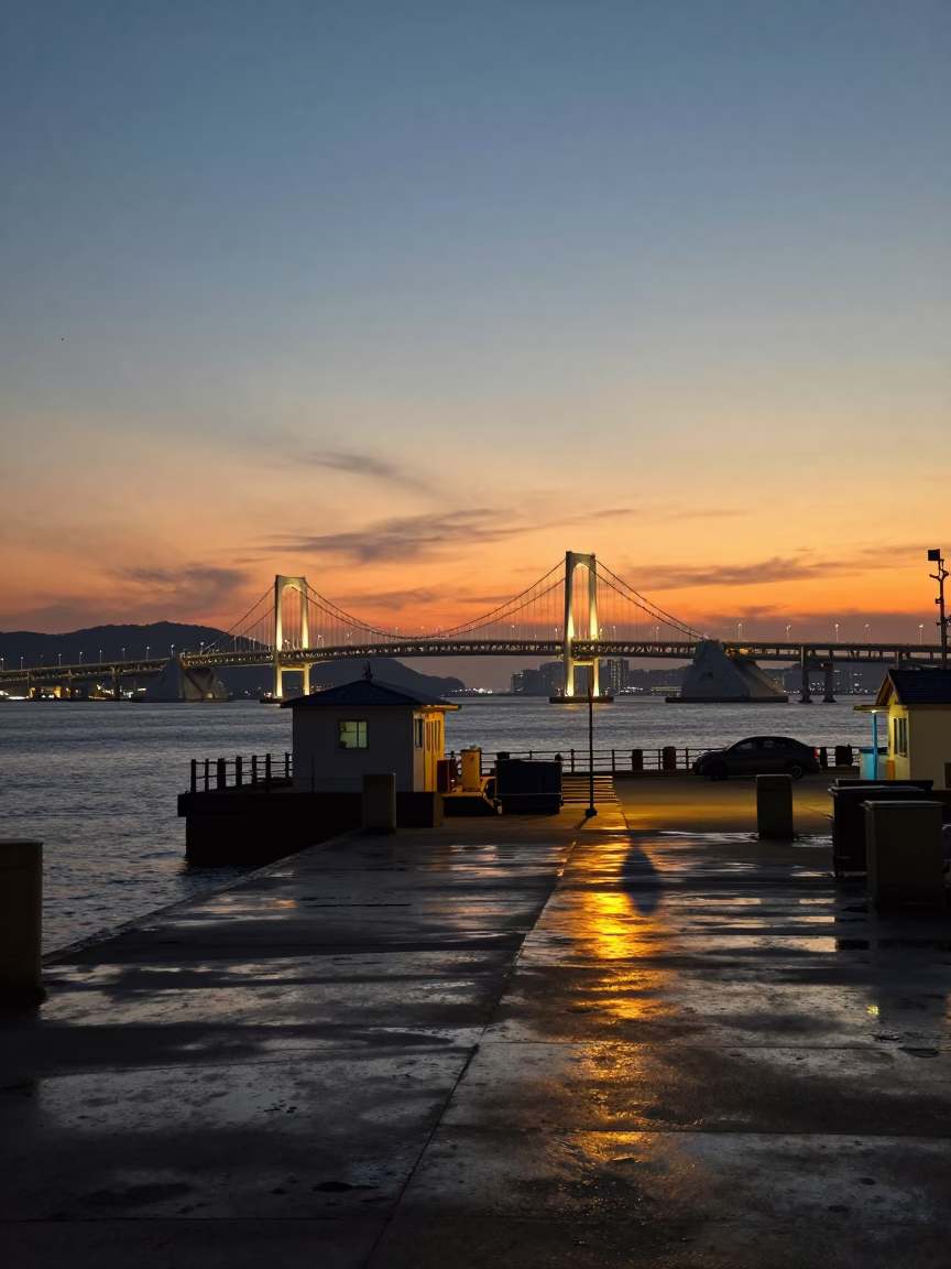 Bridge Illuminated in Busan at Sunset Light in in Busan, South Korea