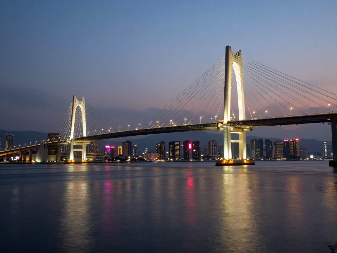 Bridge Illuminated in Hong Kong at The Early Evening Light in in Hong Kong, Hong Kong