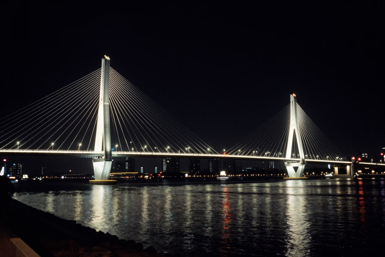 Bridge Illuminated in Shanghai at The Deepest Night Sky Light in in Shanghai, China