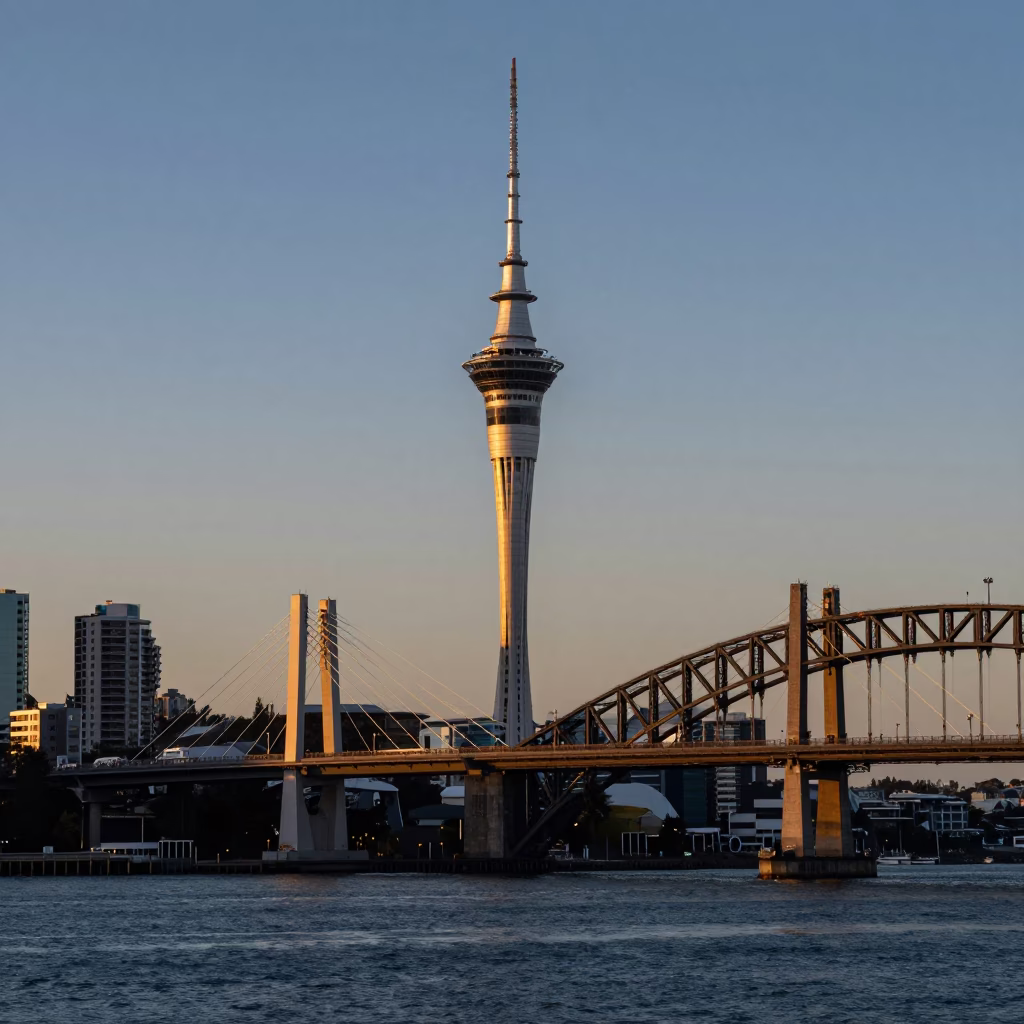 Bridge Illuminated just after sunrise in Auckland in in Auckland, New Zealand