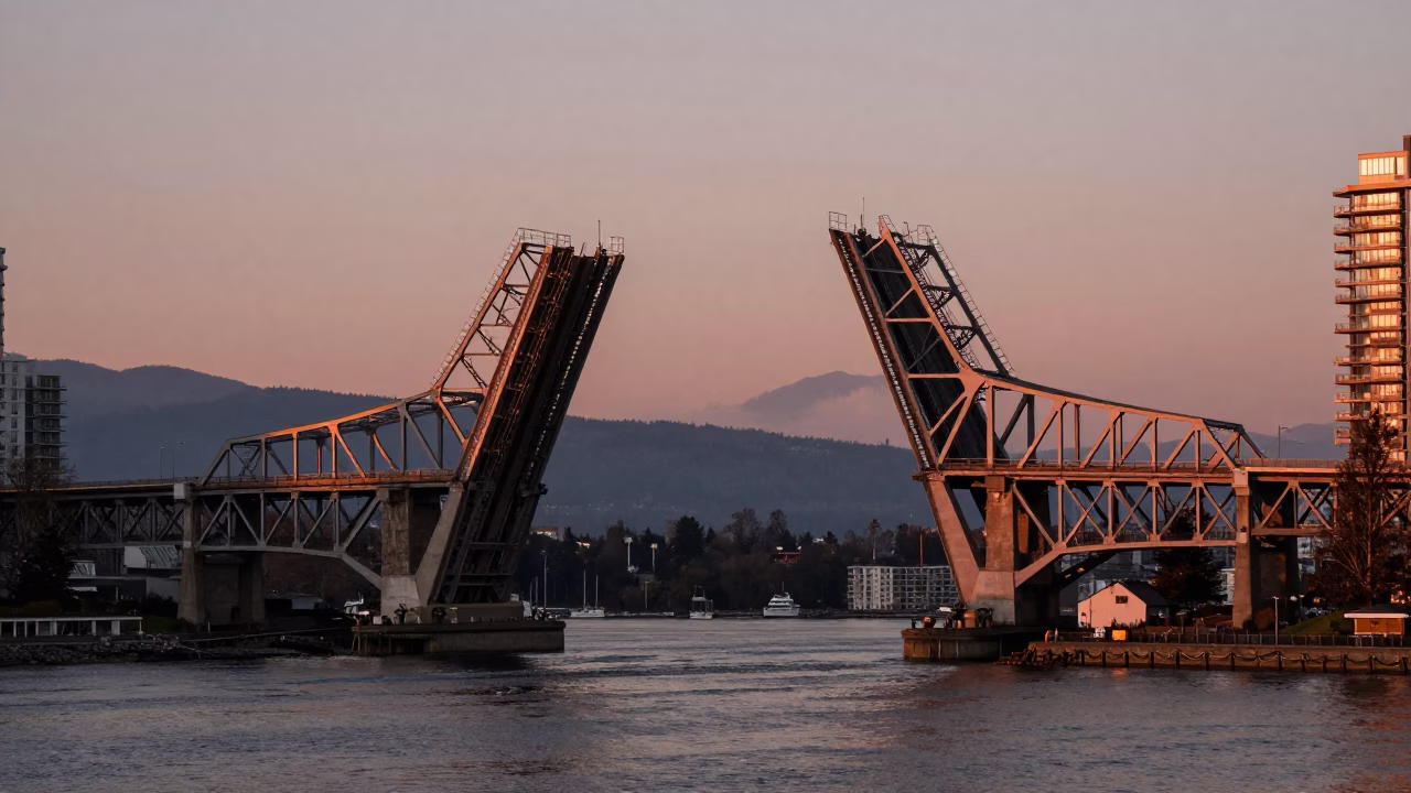 Bridge Lifting in Vancouver at Copper-toned Light Before Dusk in in Vancouver, British Columbia, Canada