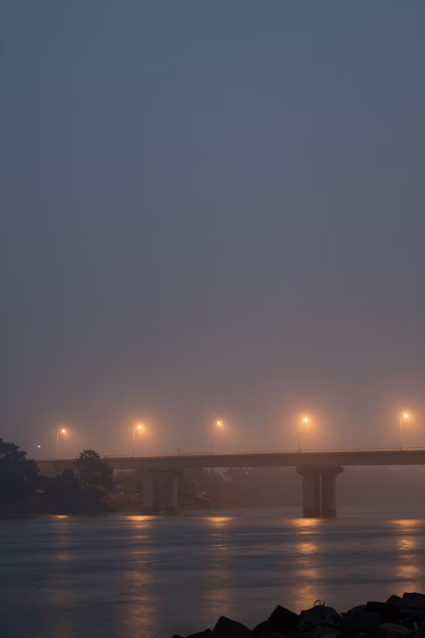 Bridge Lights Smoke Night Narsingdi in from a moonlit breakwater near Narsingdi