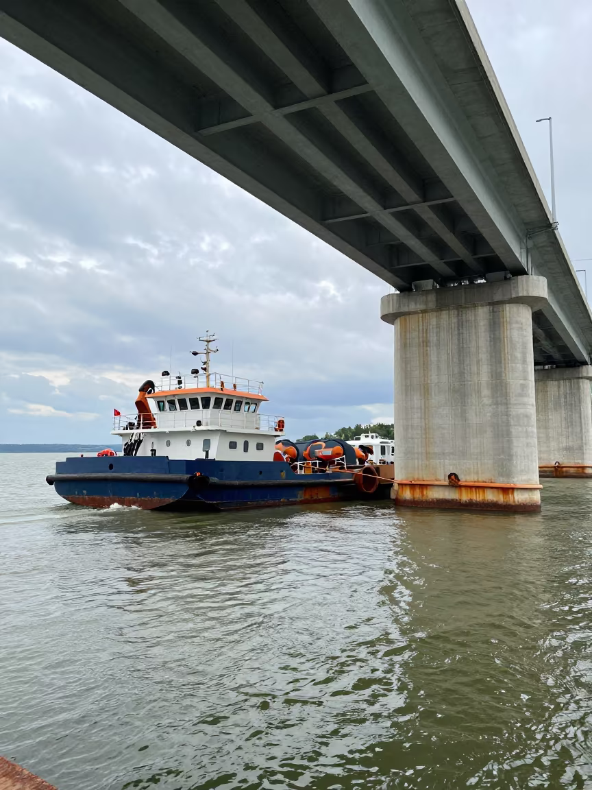 Bridge Maintenance Barge Under Croatian Viaduct in under a viaduct of steel and concrete in Croatia