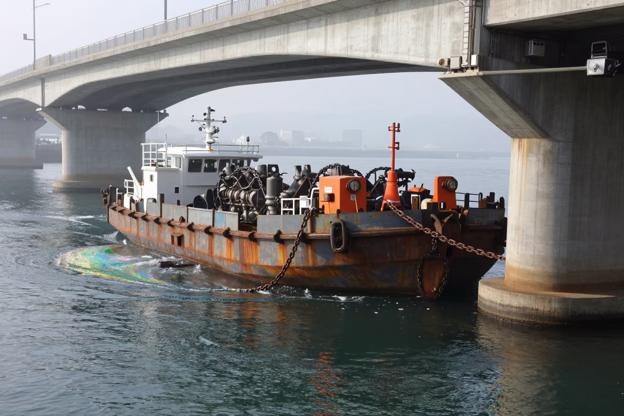 Bridge Maintenance Barge in Oily Water in beneath a bridge span in Nagasaki