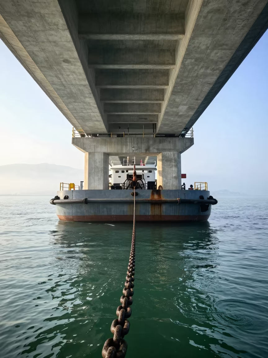 Bridge Maintenance Barge Under Greek Span in beneath a bridge span in Greece