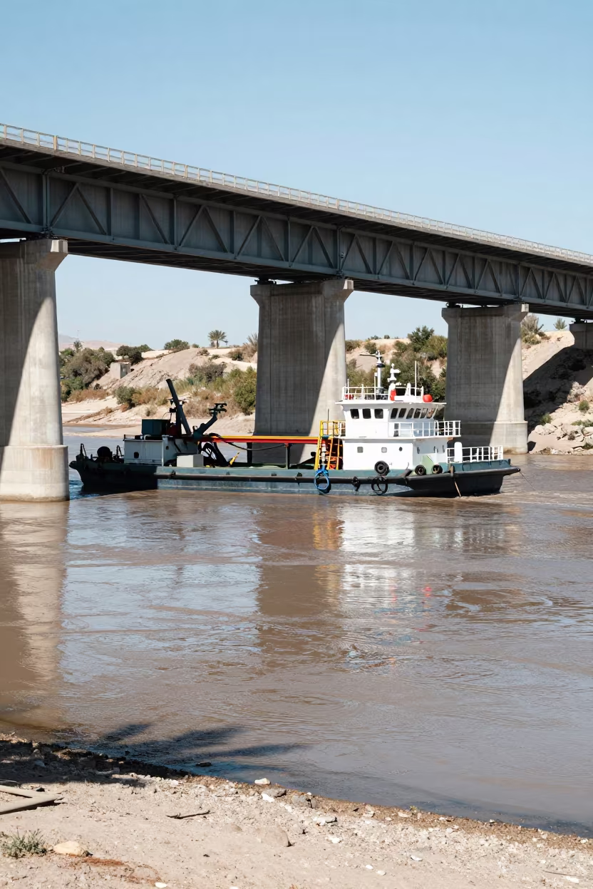 Bridge Maintenance Barge Under Nevada Viaduct Span in under a viaduct of steel and concrete in Nevada