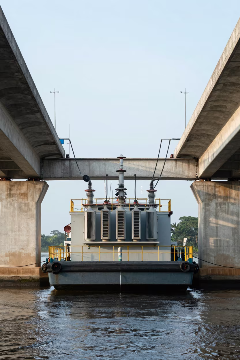 Bridge Maintenance Barge Under Span in Dry Season in beneath a bridge span in Pará