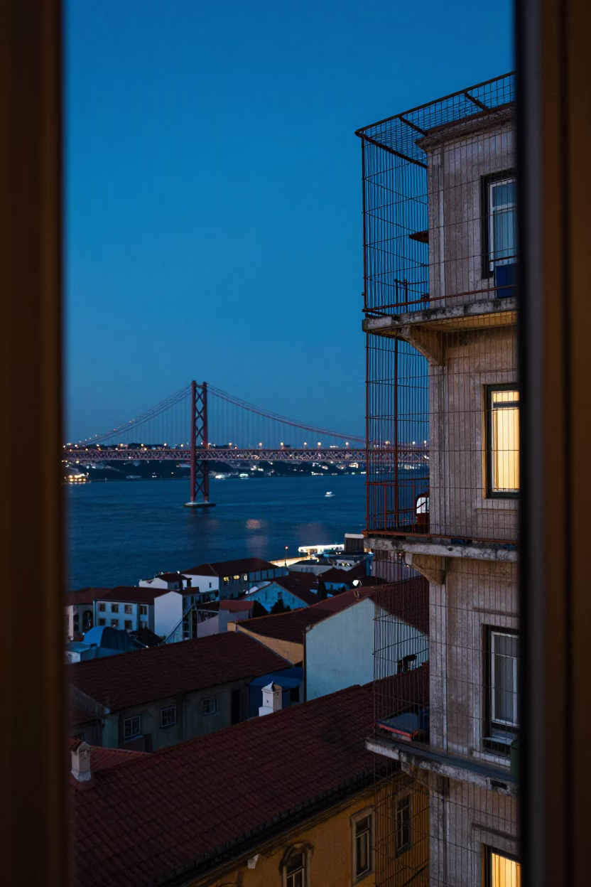 Bridge Maintenance Cage And City Lights From Apartment Window in Lisbon in in Lisbon, Portugal