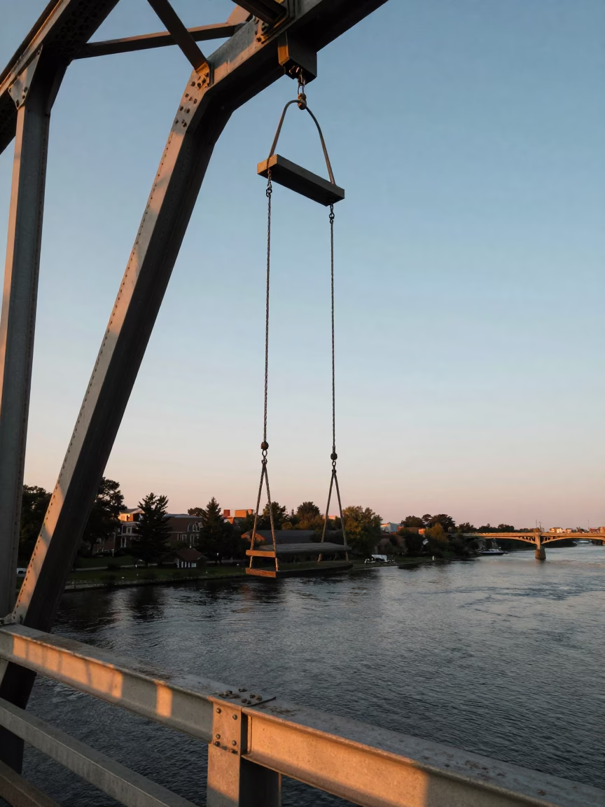 Bridge Maintenance Cage Swinging in Boston Honeyed Evening Light Near Harbor in in Boston, Massachusetts, United States