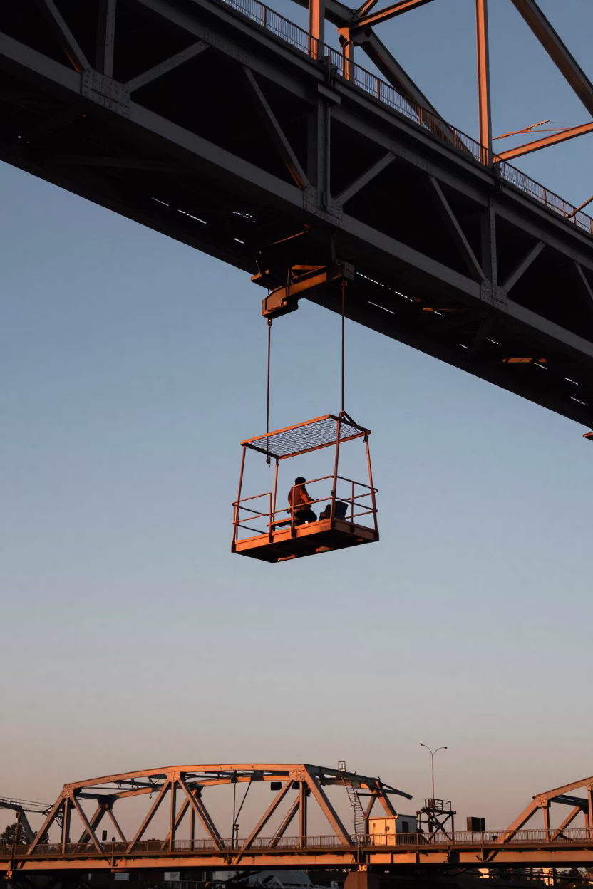 Bridge Maintenance Cage Swinging in Copper Light Over Portland Oregon Before Dusk in in Portland, Oregon, United States
